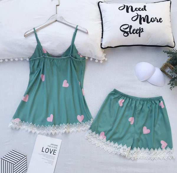 Non Padded Big Heart Design Silky Short Shirt & Shorts (A098)
